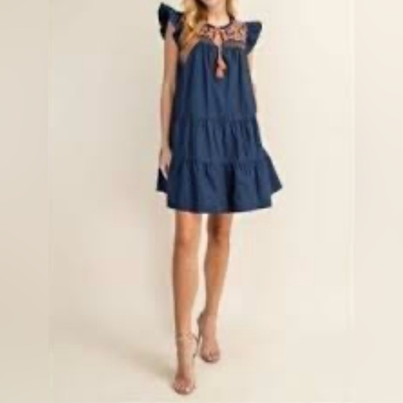 L Love Dresses & Skirts - EUC L Love Blue Ruffled Navy Orange Embroidered Tiered Sundress w Tassels S M
